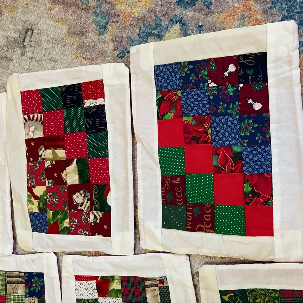 Vintage handmade holiday quilted square pattern placemats set of 8 13.5” x 10”